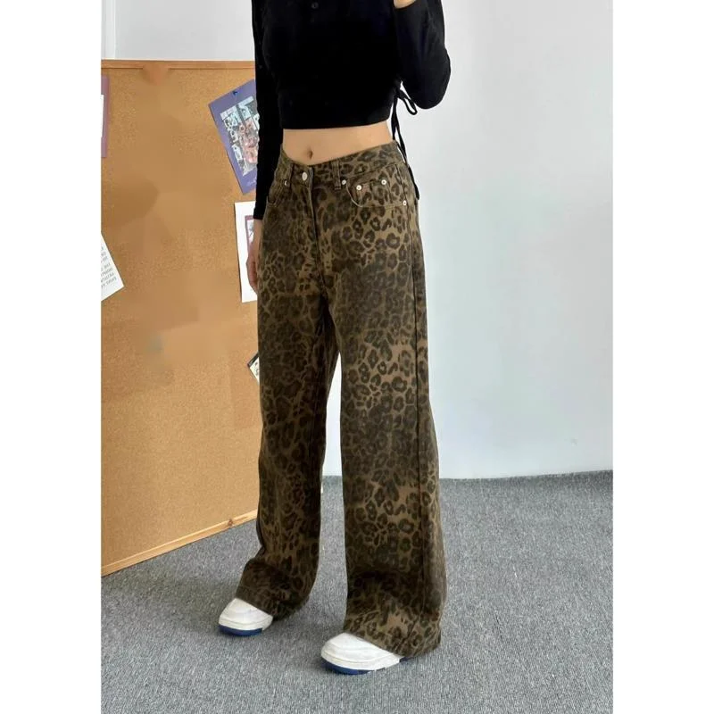 New Y2k Leopard Print Jeans Women American Wide Leg Denim Pants Autumn High Waist Baggy Straight Fashion Mop Pant Casual Clothes