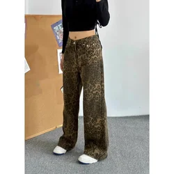 Nuovi jeans Y2k con stampa leopardata da donna pantaloni in denim a gamba larga americani autunno vita alta larghi pantaloni dritti alla moda abbigliamento casual