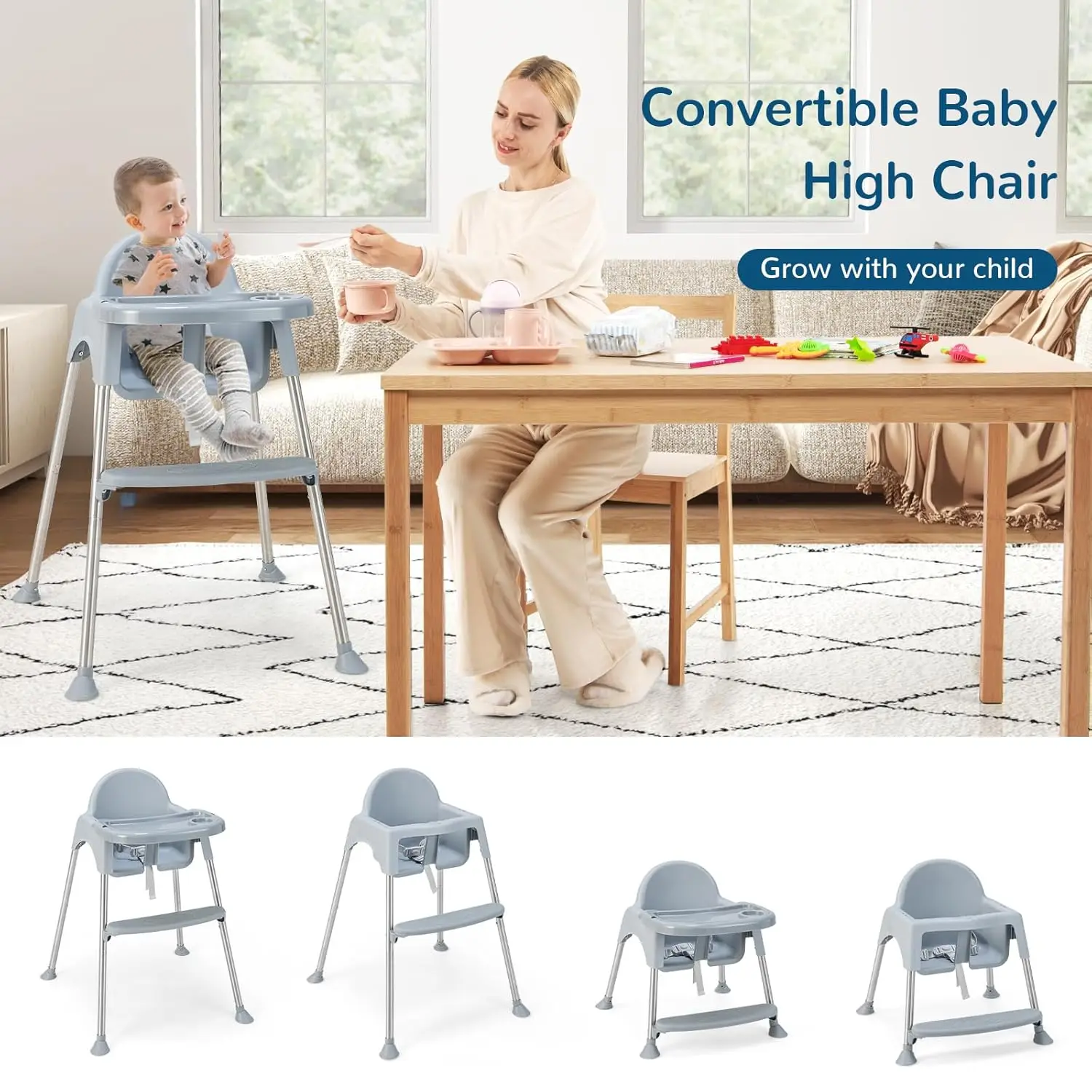 Baby High Chair, 4 in 1 Convertible Highchair for Babies and Toddlers, Adjustable Legs, Double Removable Tray & Footrest,