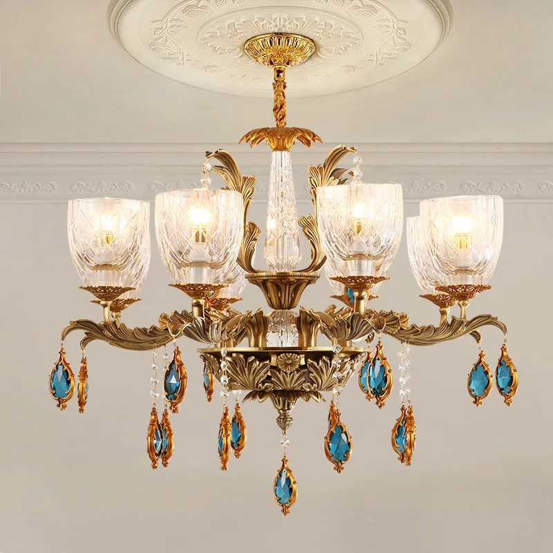 

European Brass Glass Pendant Lamp Banquet Hall Decor Lighting Dining Room Table Master Bedroom French Copper Chandelier