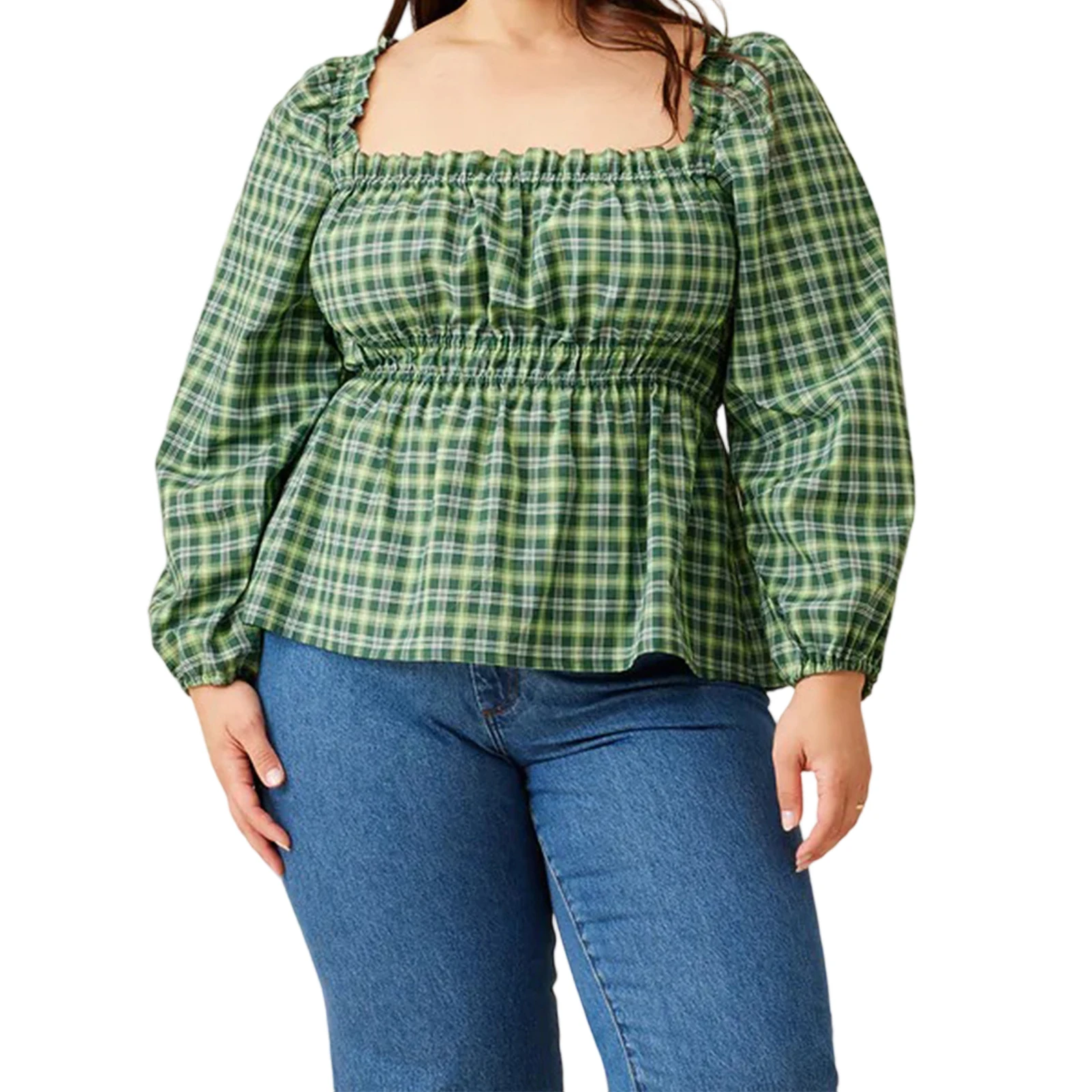 

2025 Women's Plaid Print Shirt Long Sleeve Square-Neck Plus Size Smocked Tops Streetwear Summer Oversized Loose T-Shirts