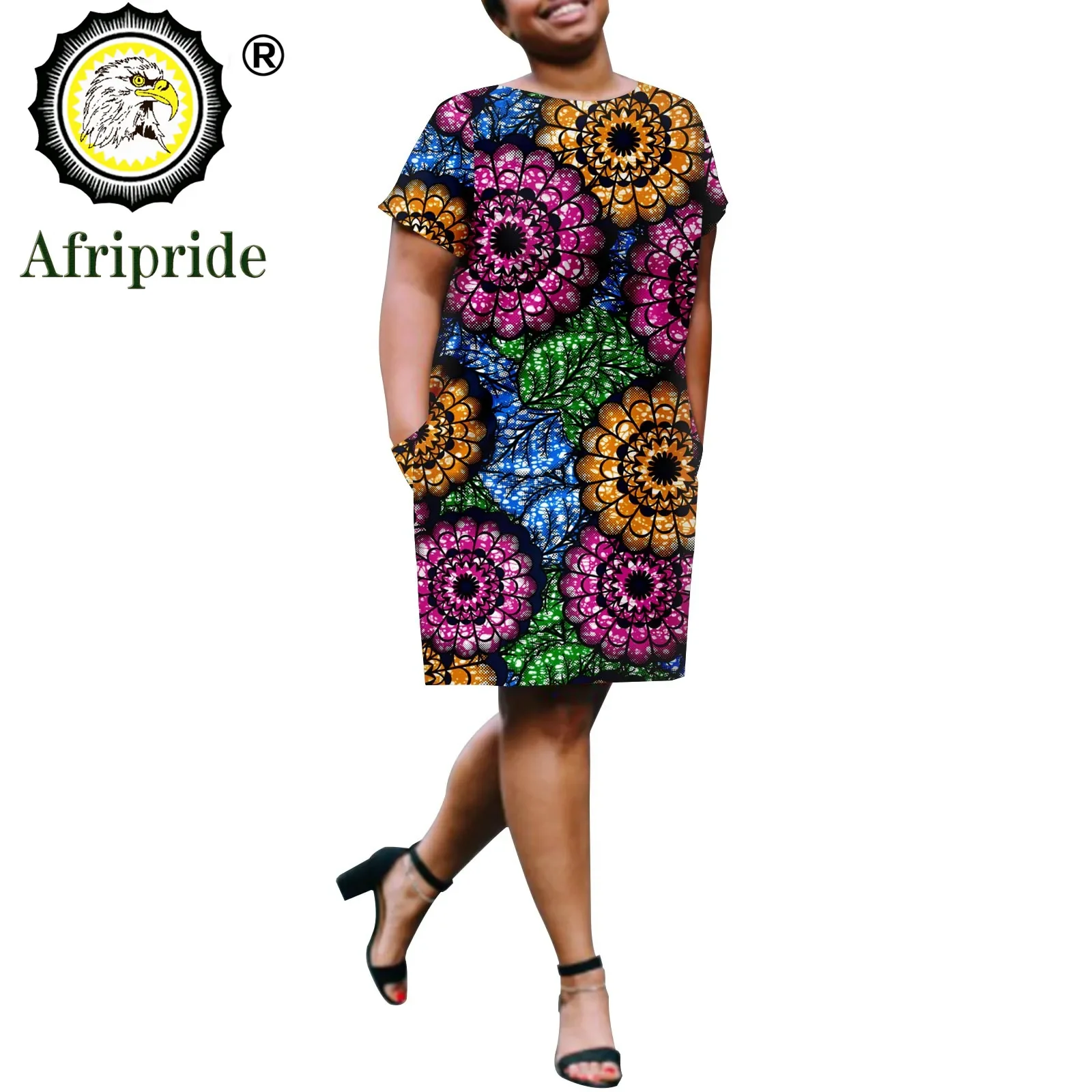 African Dresses for Women O-neck Short Sleeve Loose Dress Dashiki Attire Floral Print Elegant Fashion Casual Outfits A2225028