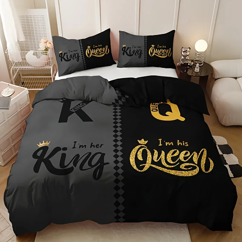 

Black & Grey Crown Lettering Duvet Cover Set High Definition Printing For Home & Dorm Decor, Comforter Not Included