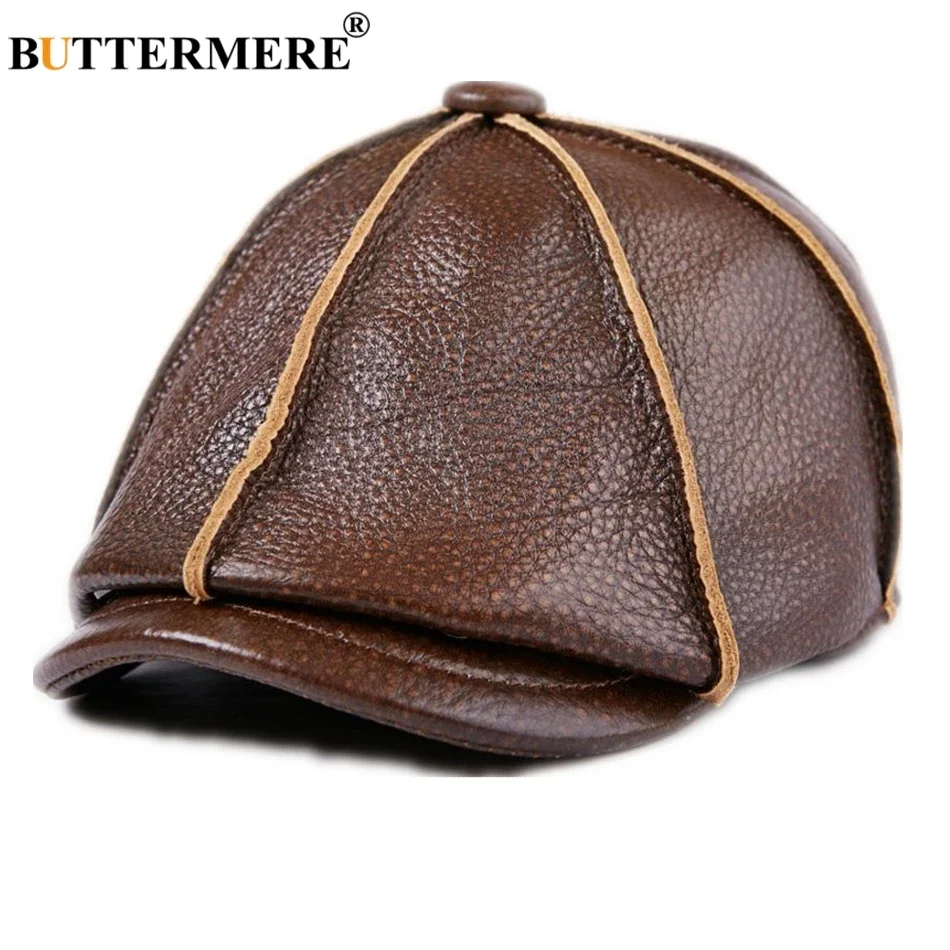 BUTTERMERE Beret Men Genuine Leather Newsboy Hat Earflaps Octagonal Cap Brown Male Brand Winter Warm Vintage Cowhide Leather Cap