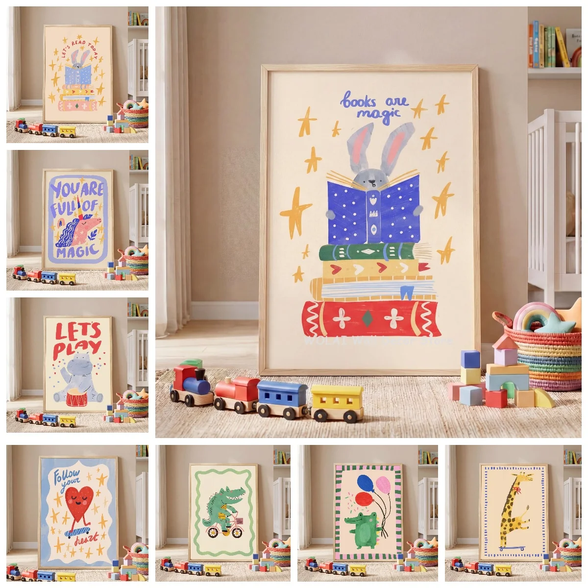 Books Are Magical Rabbits Reading Canvas Print Whimsical Unicorn Giraffe Crocodile Nursery Wall Art Poster for Modern Home Decor