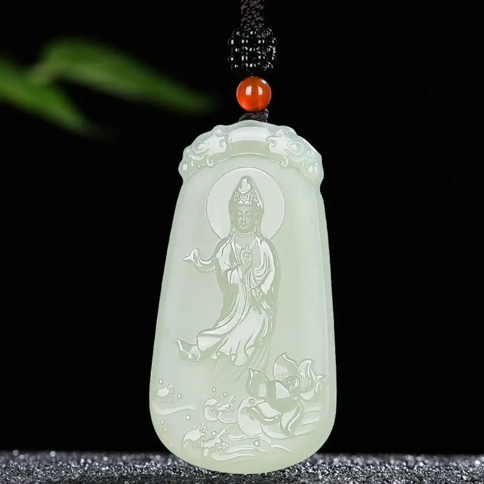Natural Hetian Jade Lotus Guanyin Pendant Unisex Elegant High Grade Ornament Holiday Gift
