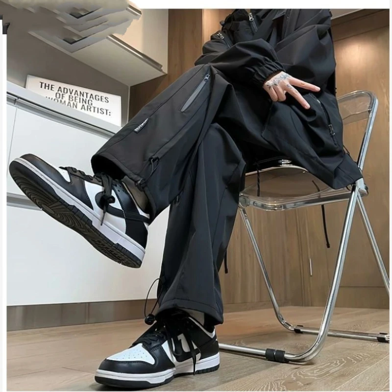 

Men's Autumn Winter Elastic Waist Drawstring Solid Plus Size Straight Pants Zipper Patchwork Thick Pants Casual Vintage Clothing