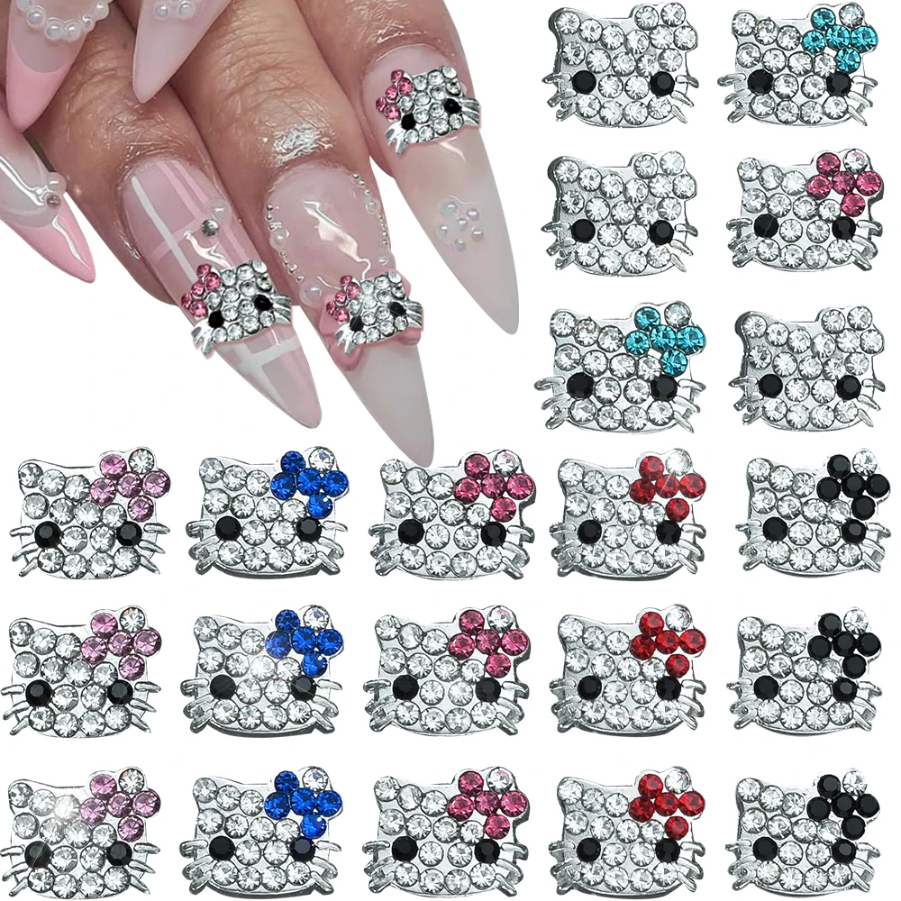 35pcs Kawaii เพชร Hello Kitty เล็บ Charms MINI 3D 7.5*9 มม.7 สี Bows Rhinestone เล็บอุปกรณ์เสริม Silver Kitty โลหะผสม @ 31