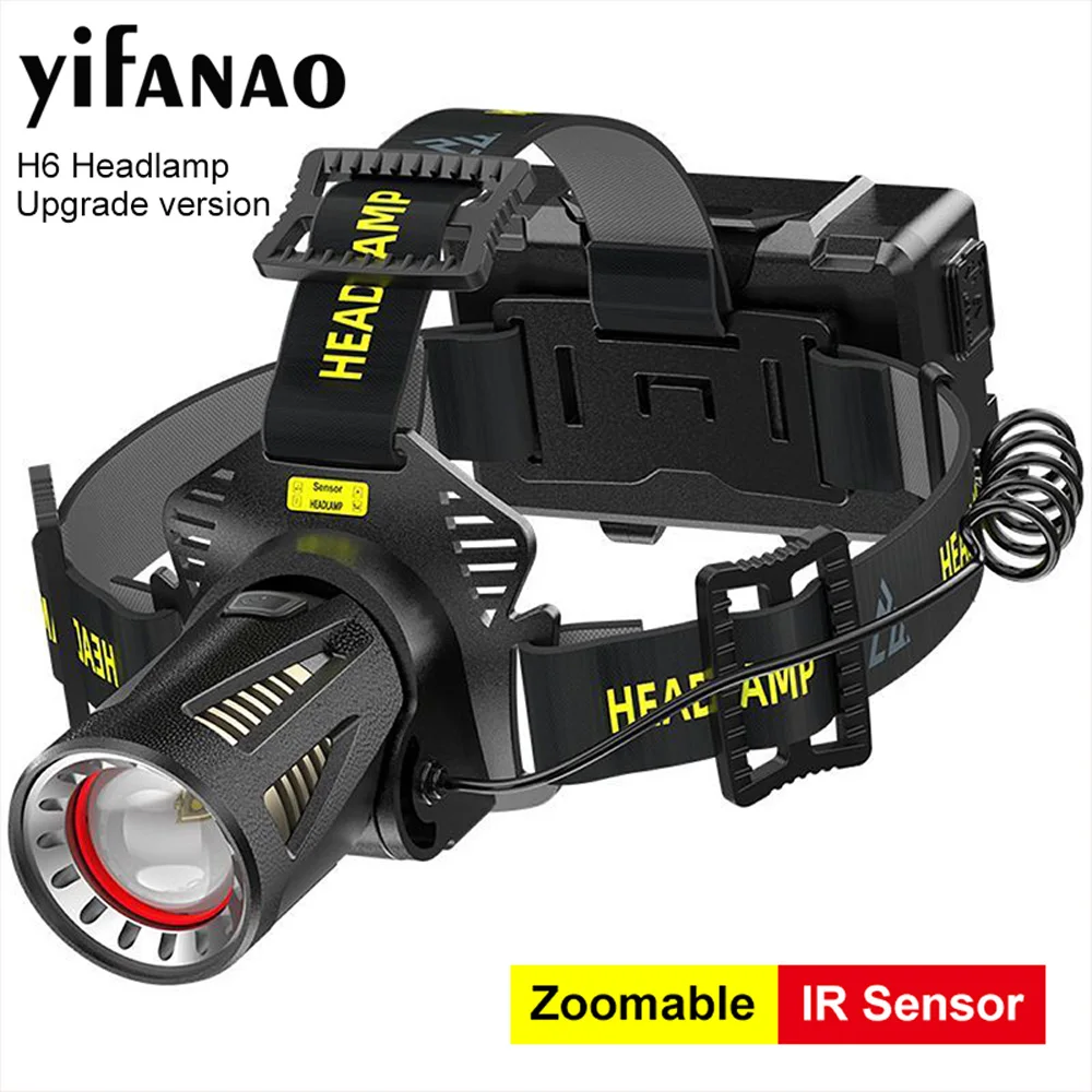 XHP360 Super Bright Rechargeable Headlamp with Motion Sensor 7 Modes Zoomable Waterproof Head Flashlight for Camping Fishing