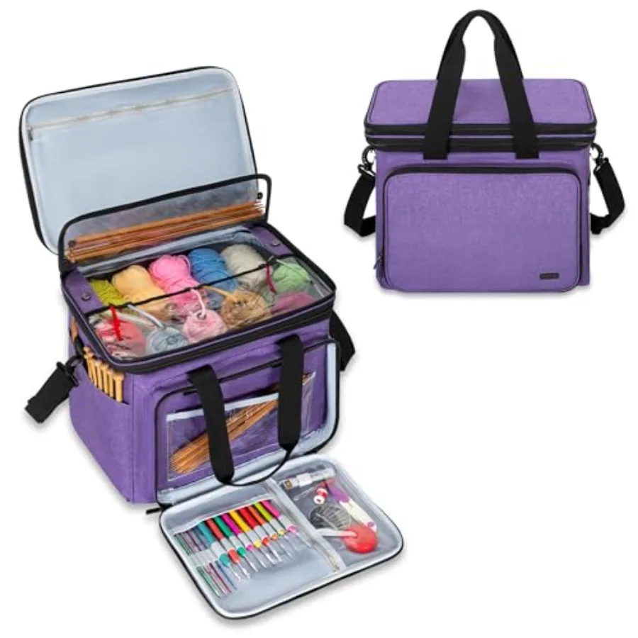 

Сумка для вязания с разделителями и чехлом, портативный органайзер для хранения пряжи, аксессуаров для вязания крючком и спиц, идеально подходит для вязания.