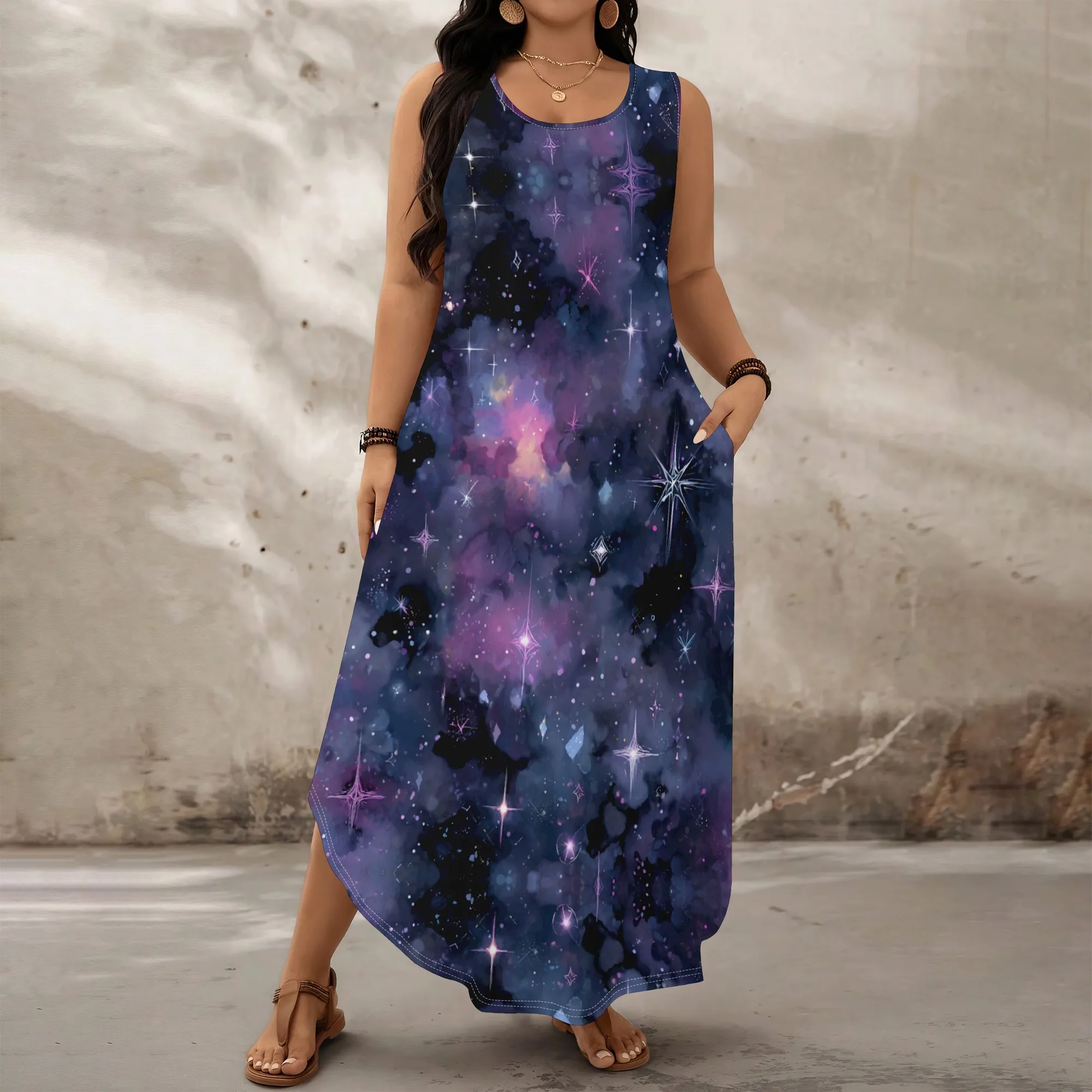 

Plus Size Women's Galaxy Maxi Dress Casual Loose Sleeveless Summer Dress with Pockets XL-6XL