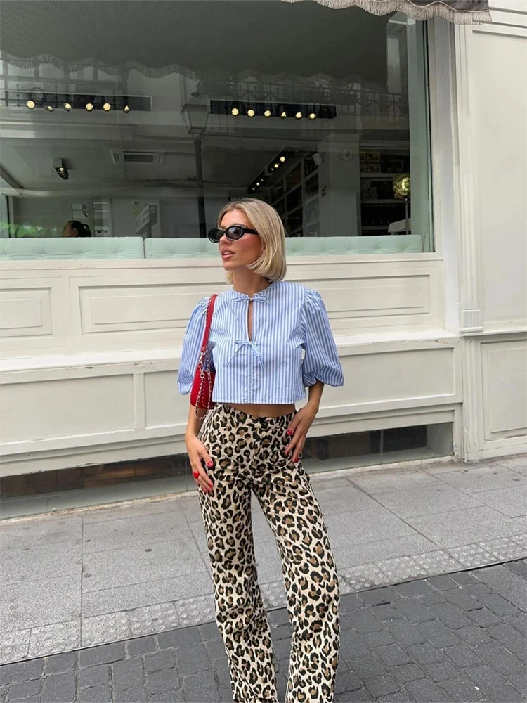 PB&ZA women's clothing 2024 summer new French temperament loose round neck long sleeve striped short shirt 7995/313