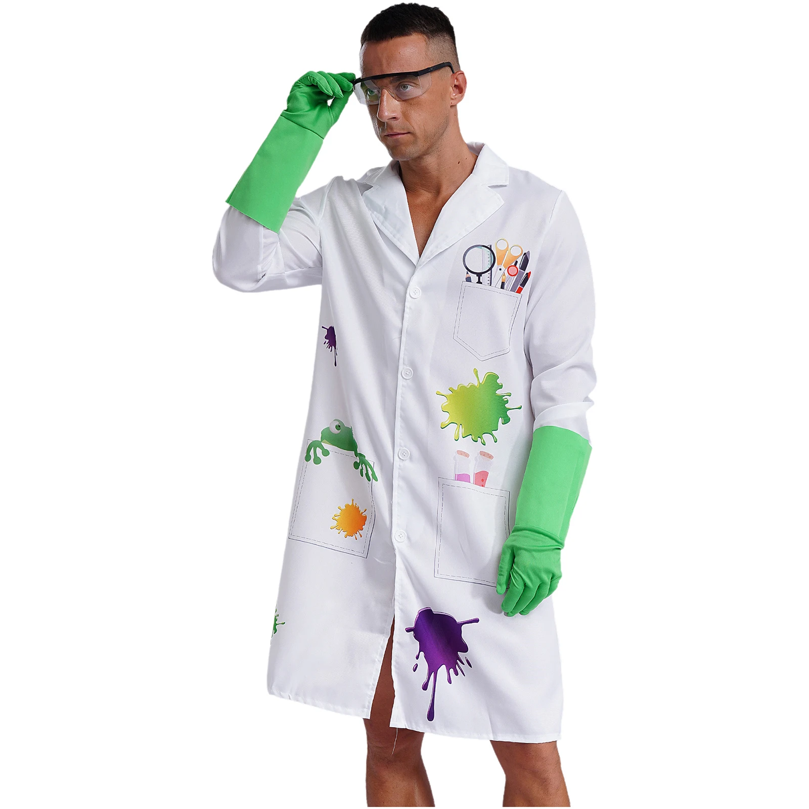 Ensemble de olympiques 3 pièces Mad Kness st pour hommes, vêtements d'Halloween pour adultes, elin, blouse de laboratoire graffiti, lunettes, gants, olympiques de physicien