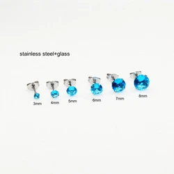 Stainless Steel Stud Earrings With Ocean Blue Zircons Classical Style From 3mm to 8mm No Fade Allergy Free Quality Jewelry