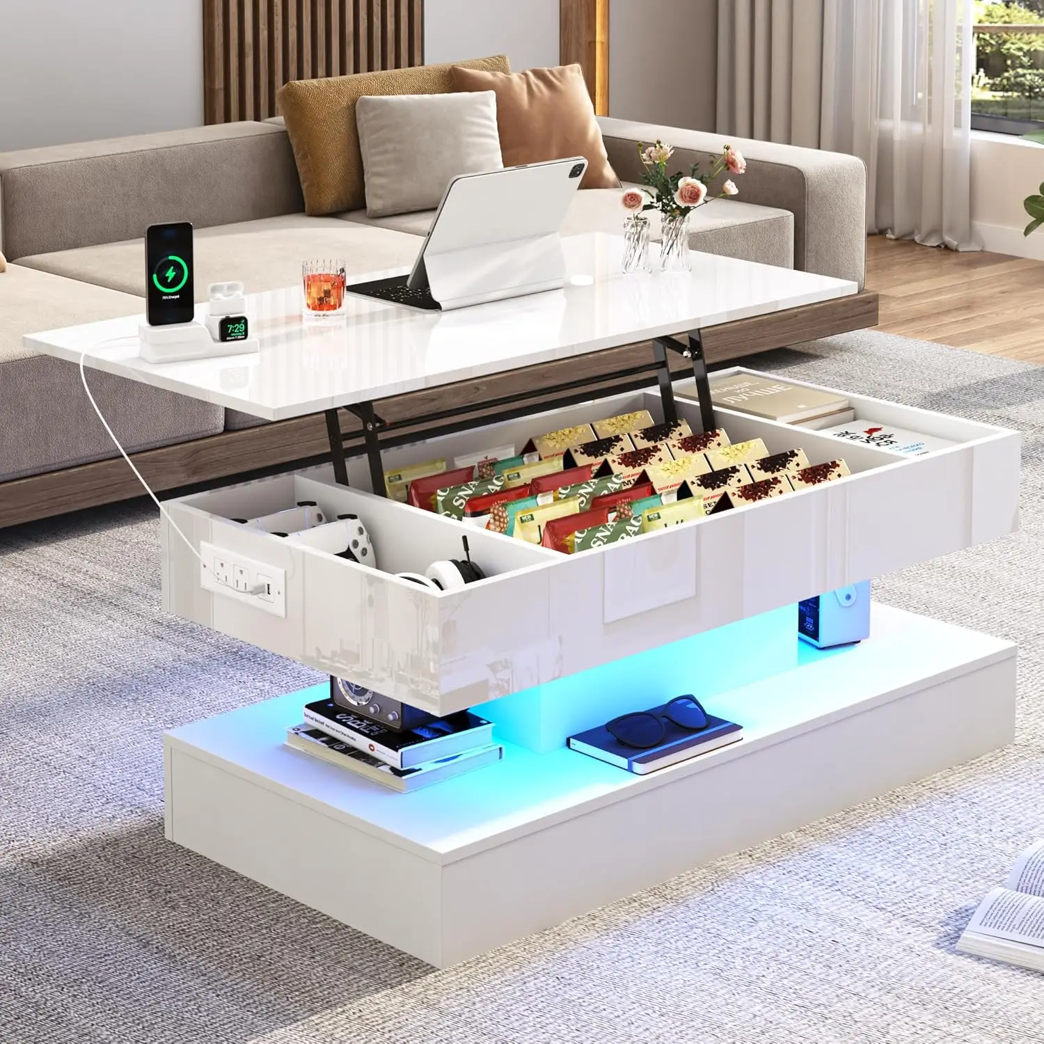 طاولة قهوة كبيرة مقاس 39.4 بوصة، طاولات قهوة حديثة عالية اللمعان LED لغرفة المعيشة مع مساحة تخزين، طاولات غرفة المعيشة باللون الأسود لـ