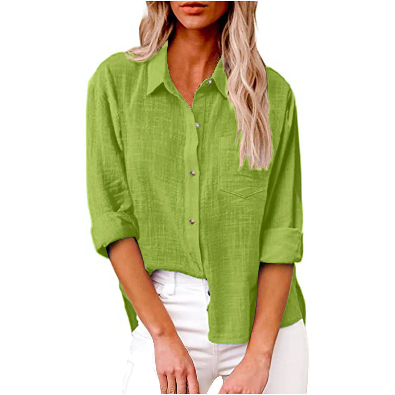 Women Elegant Solid Cotton Blouse Spring Summer Casual Long Sleeve V Neck Loose Shirt Office Lady Tunics Oversized Tops