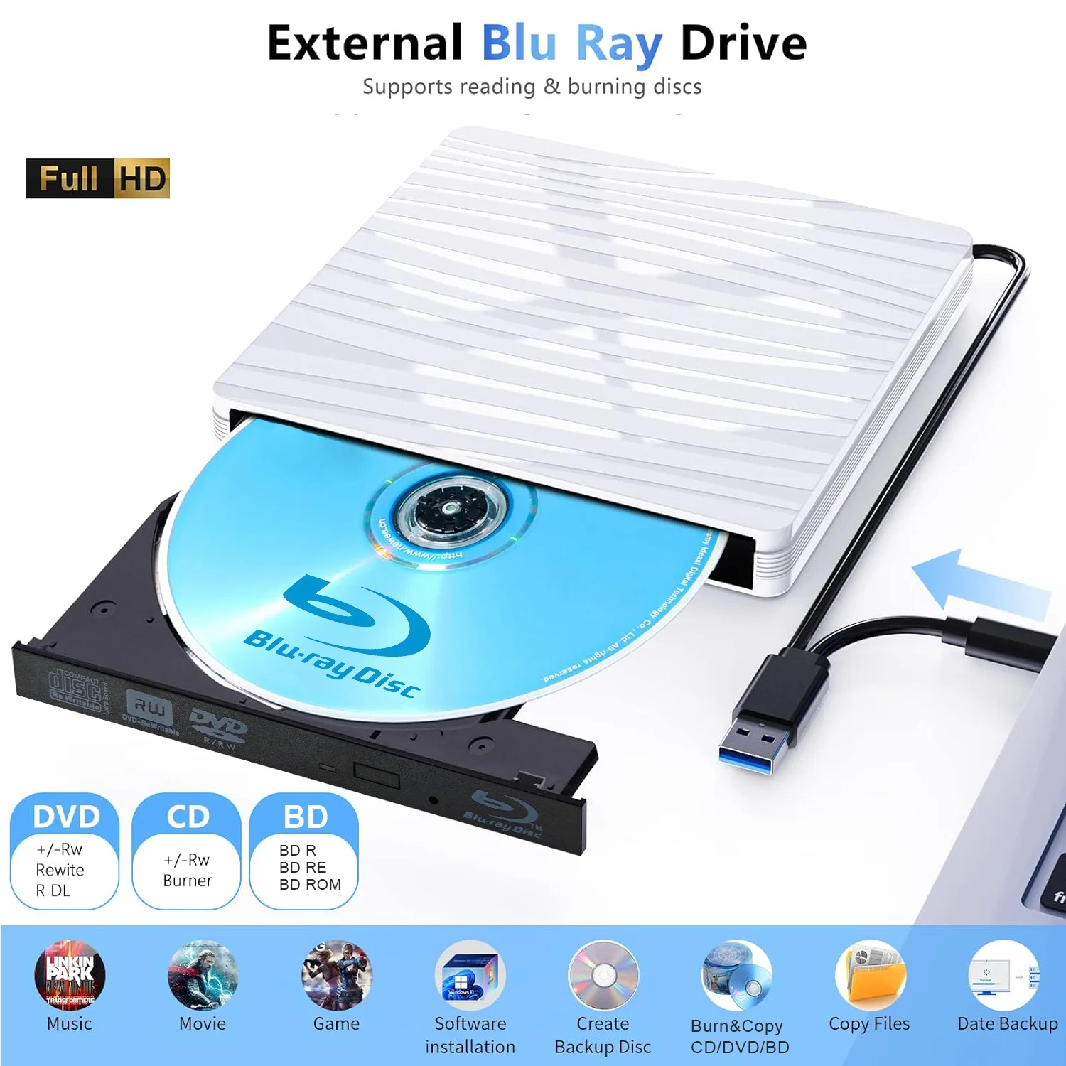 

Внешний привод Blu-Ray, USB 3.0 и Type-C 3D-проигрыватель Blu-ray, оптический привод для чтения DVD/CD/BD для ноутбуков, настольных ПК