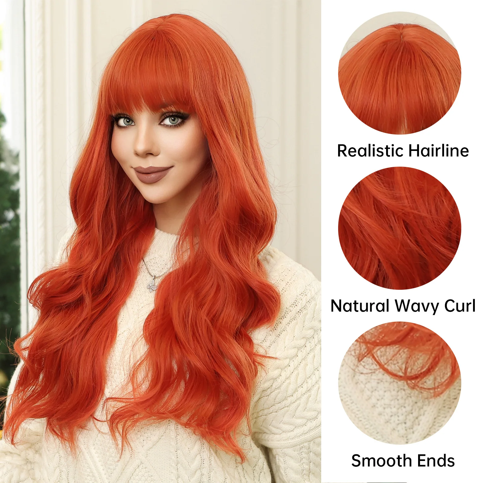 Orange Synthetic Wig Long Wavy Colorful Cosplay Wigs with Bangs Halloween Party Silky Wig Heat Resistant Natural Hair for Women