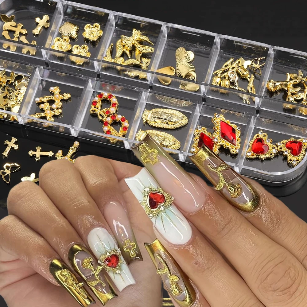 12Grid Metalllegierung Herz Kreuz Rose Nagelzubehör 3D Gold Rot Schleife Blumenkranz Nail Art Charms Y2k Luxus Nageldekoration