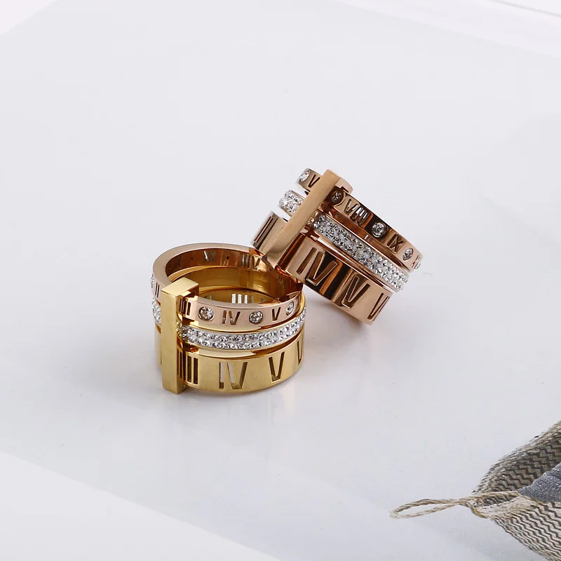 Shiny Zircon Roman Alphabet Three Layers Rings For Women Girl Muticolor Stainless Steel Women\'s Ring Party Wedding Jewelry Gifts