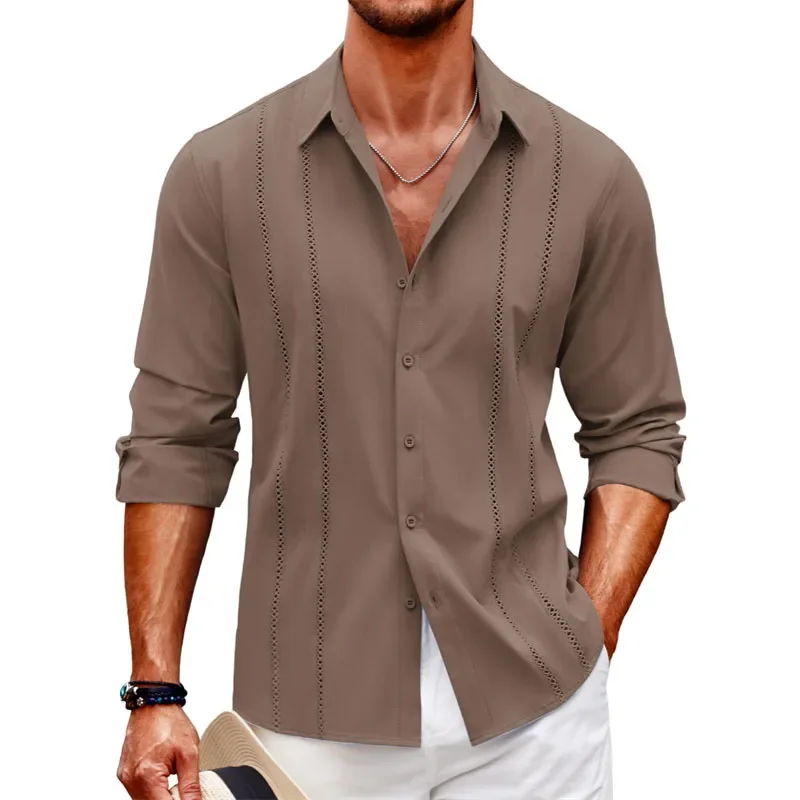 Simple new casual long-sleeved shirt cross-border beach linen button men\'s long-sleeved solid color large size shirt XS-6XL