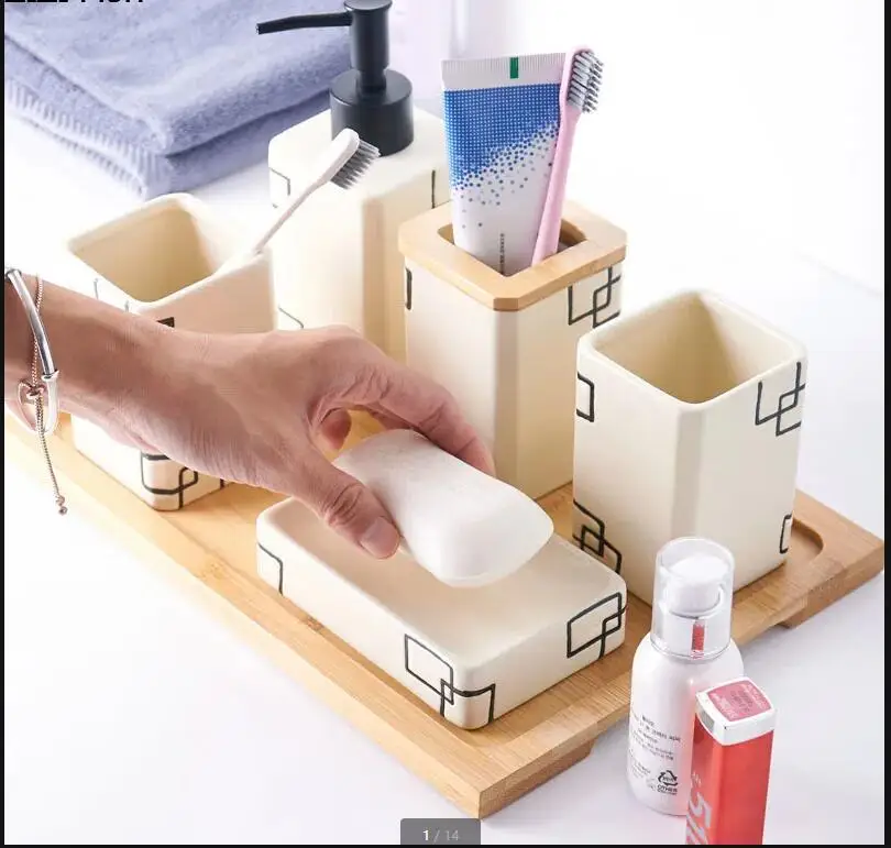 Bathroom Set Shower Gel Bottle Hand Washing Fluid Geometric Decor Ceramic Toiletries Soap Dishes Portable Dispensers