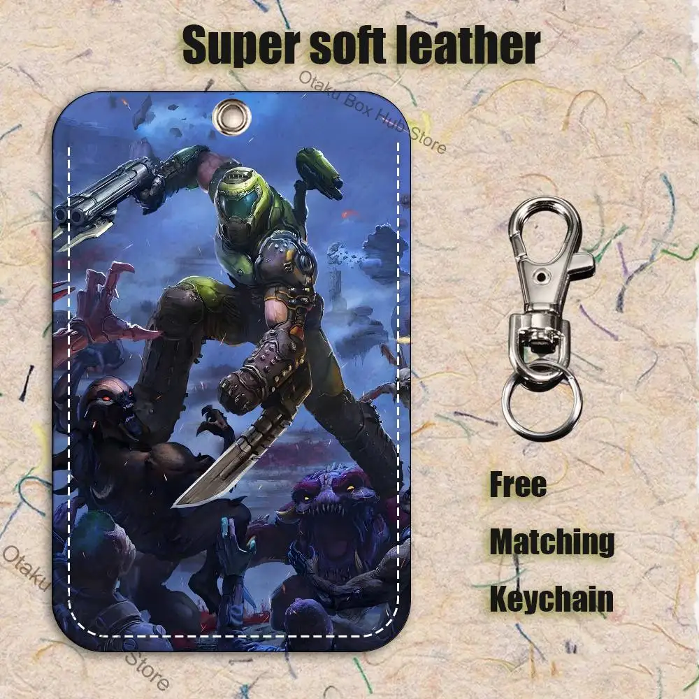 Game D-DoomS E-Eternal Pattern 1Pc PU Leather Card Holder Keychain Key Ring Door Lock Access Tags ID Card Case Keychain Card