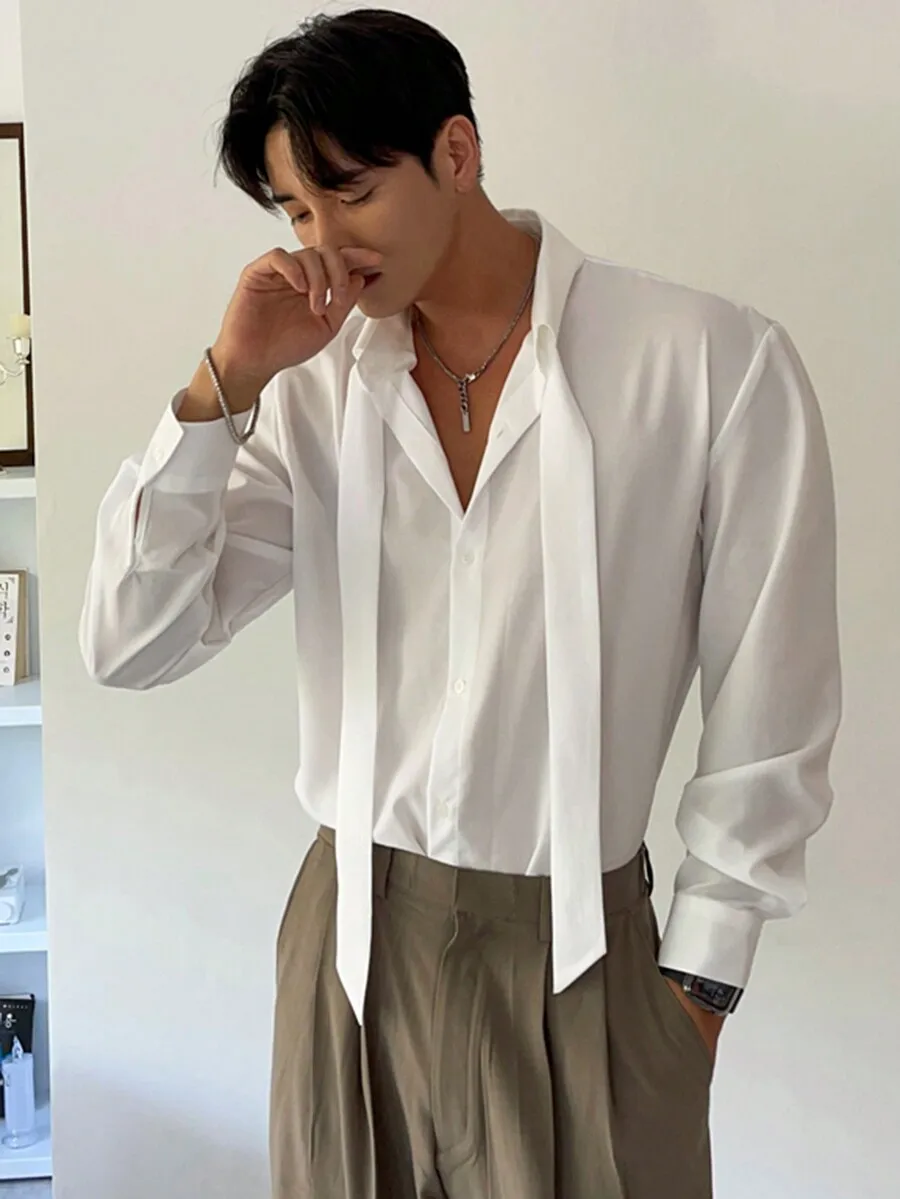 

Men's Solid White Long Sleeve Single-Breasted Casual Shirt for Autumn