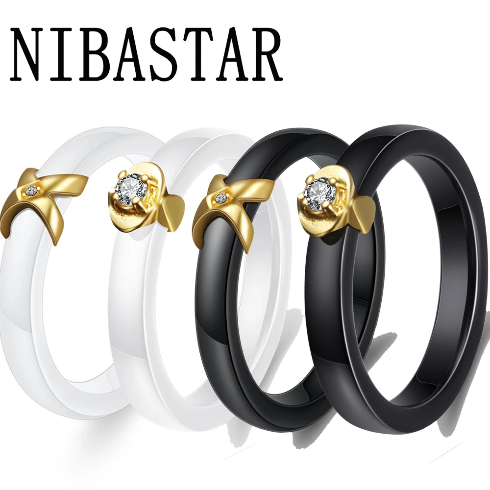 

NIBA AAA Crystal X-shape Black/White Ceramic Ring Cubic Zirconia Stone Wedding Rings Fashion Jewelry Trendy