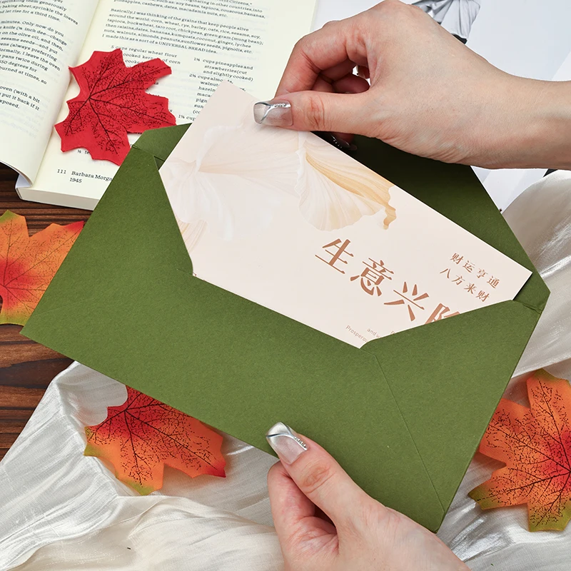 

10pcs Green Envelopes for Wedding High-grade 250g Paper Invitation 22x11cm Small Card Business Stationery Supplies Storage Bag