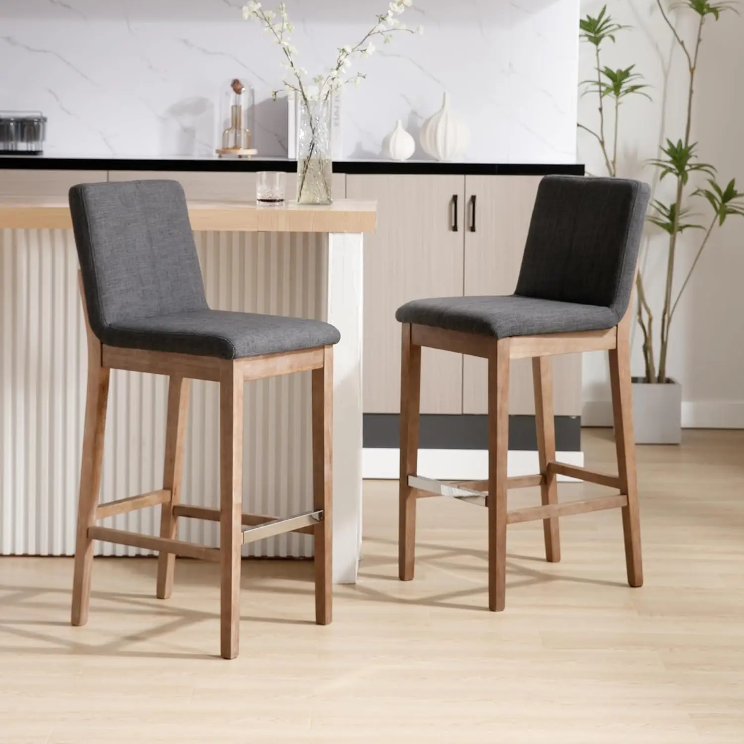 30 Inch Upholstered Bar Stools Set 2, Farmhouse Back Support Rustic Wooden Armless Barstools for Bar Club Pub, Linen Charcoal, C