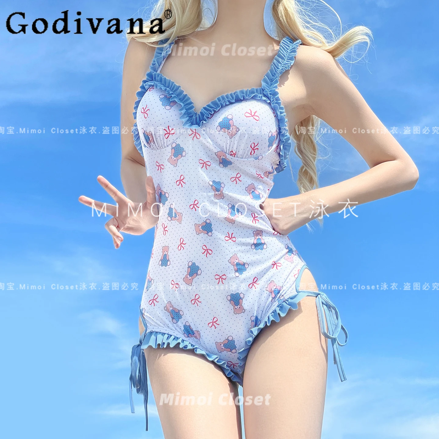 

Summer New Blue Bear Print Cute Swimsuit Japanese Sweet Girl Kawaii One-piece Swimwear Women Y2k Bathing Suit 2025