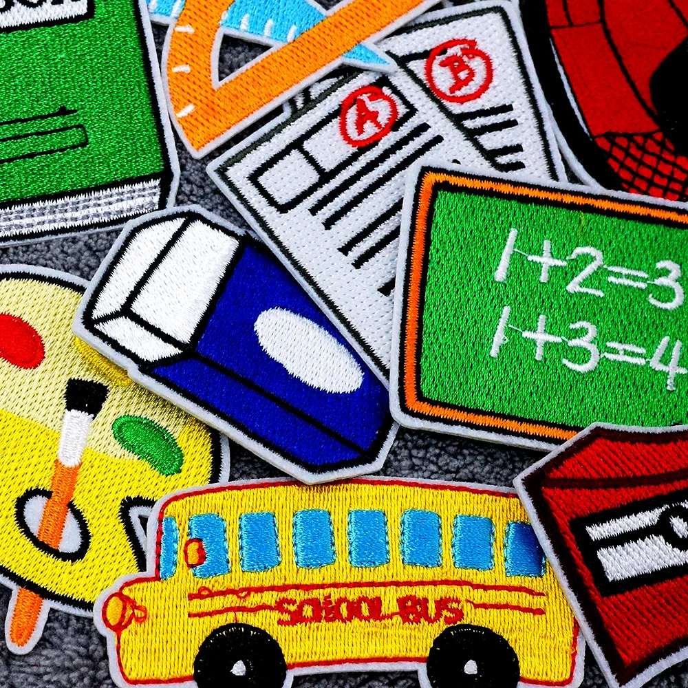 Book School Bus Globe Patches Cloth Embroidered Applique Sewing Clothes Apparel Decoration Patch Iron on Stickers