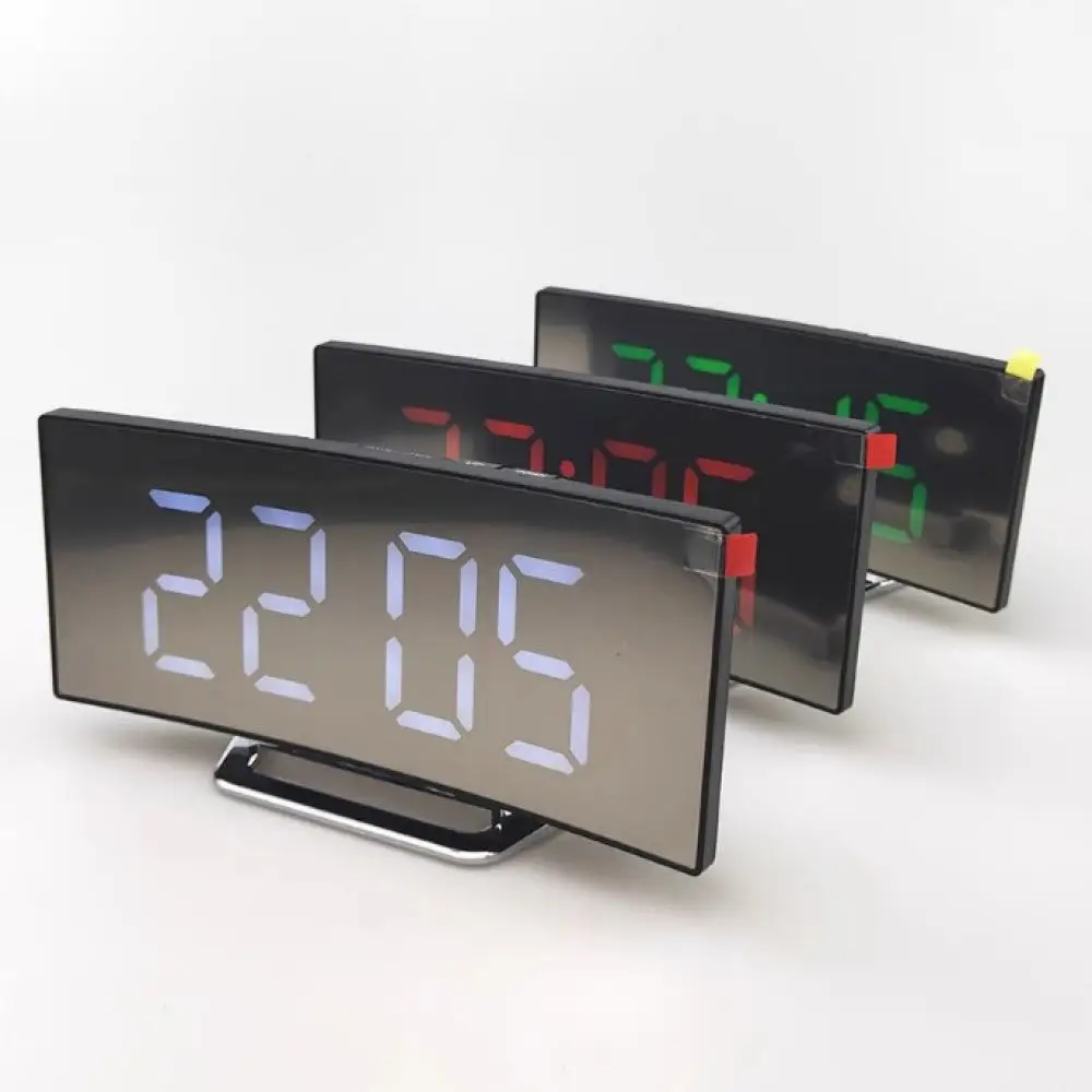 LED Curved Mirror Digital Clock Alarm Table Watch Modern Electronic Timepiece Multifunctional Home Decor Device