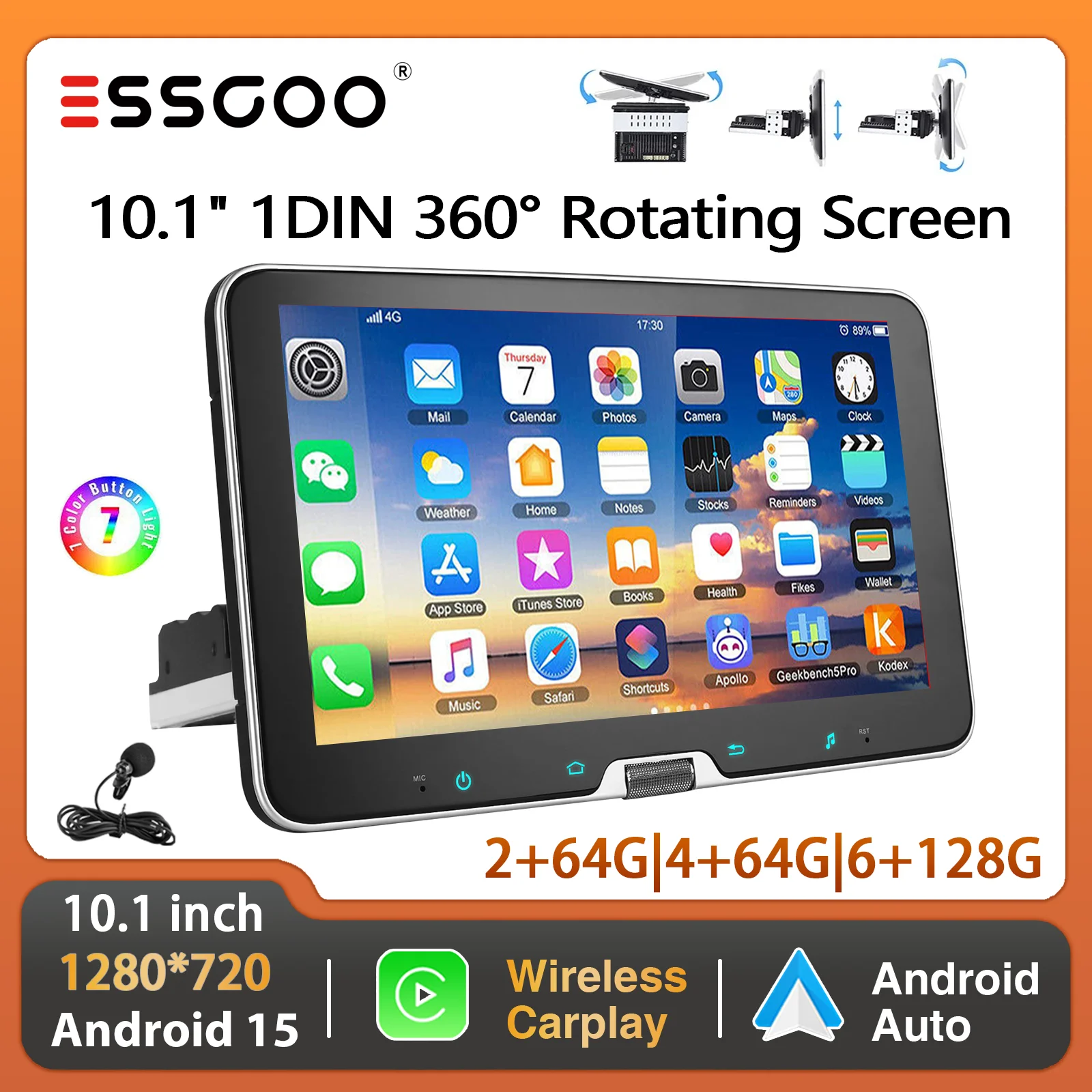 ESSGOO 10,1" Android 15 64G/128G Autoradio mit Wireless Carplay 360 °   Drehbarer Touchscreen GPS NAVI FM RDS BT Wifi SWC mit Mikrofon