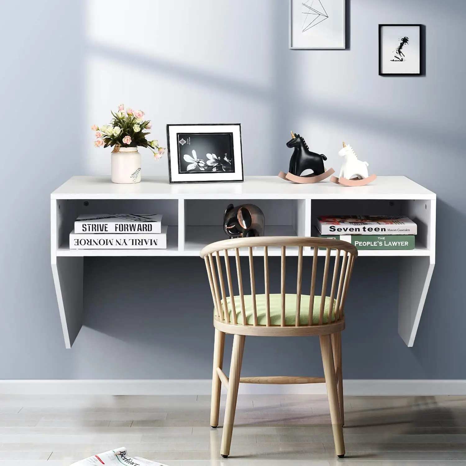 Wall Mounted Desk Floating Computer Desk, Writing Study Table W/3 Storage Shelves, Laptop PC Table for Living Room, Bedroom, Of