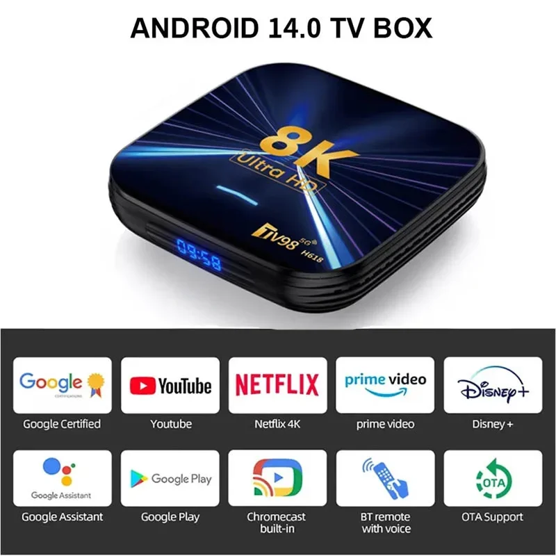 

2025 Smart TV BOX 8K 4K BT Voice Media 4G+64G Android 14 Allwinner Dual Wifi Quad Core TV Stick Media player Set top box Speed