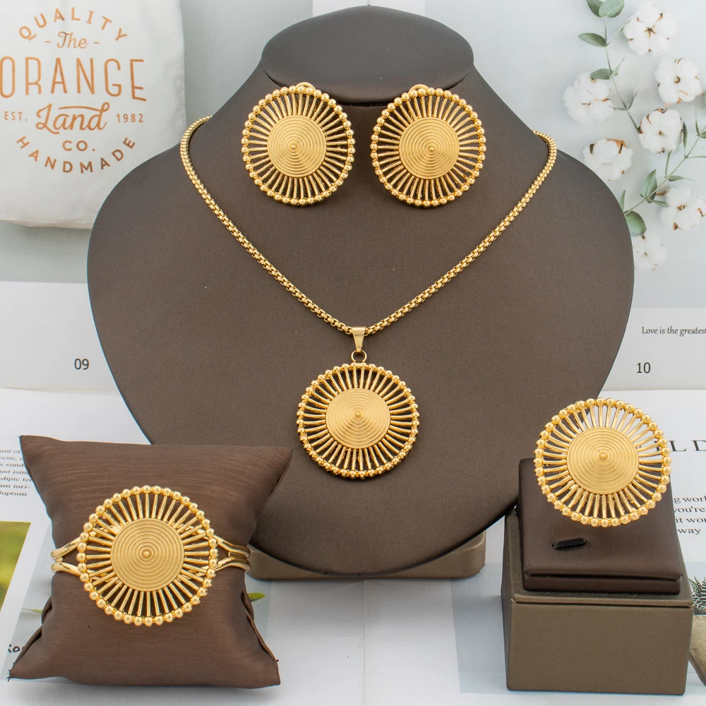 Luxury Gold Color Earrings Chain Hot Sale 45cm Necklace Bracelet Ring Dubai African Fashion Jewelry Set Party Anniversary Gift