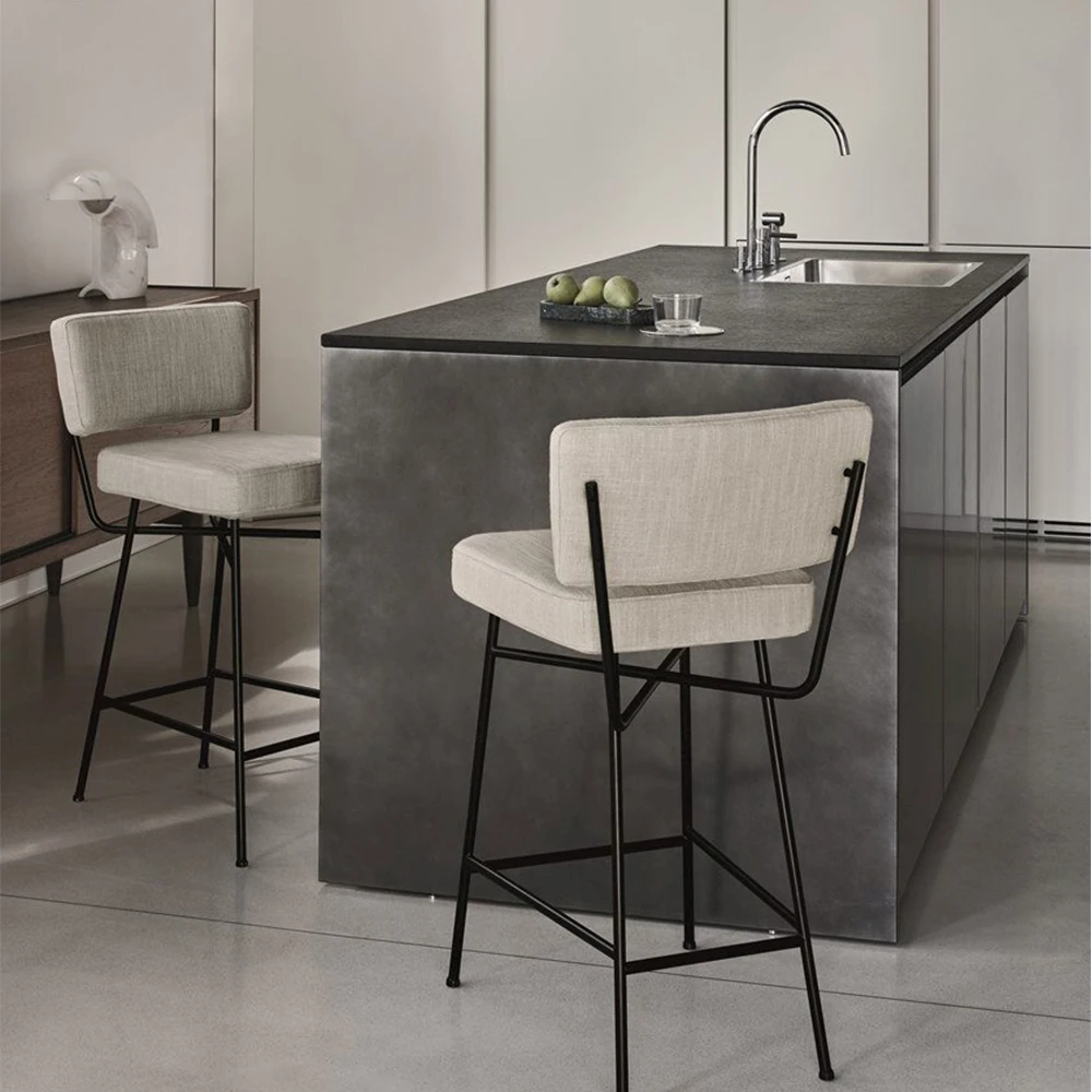 Upholstered fabric stool with back modern black metal high seat chairs kitchen bar counter stools