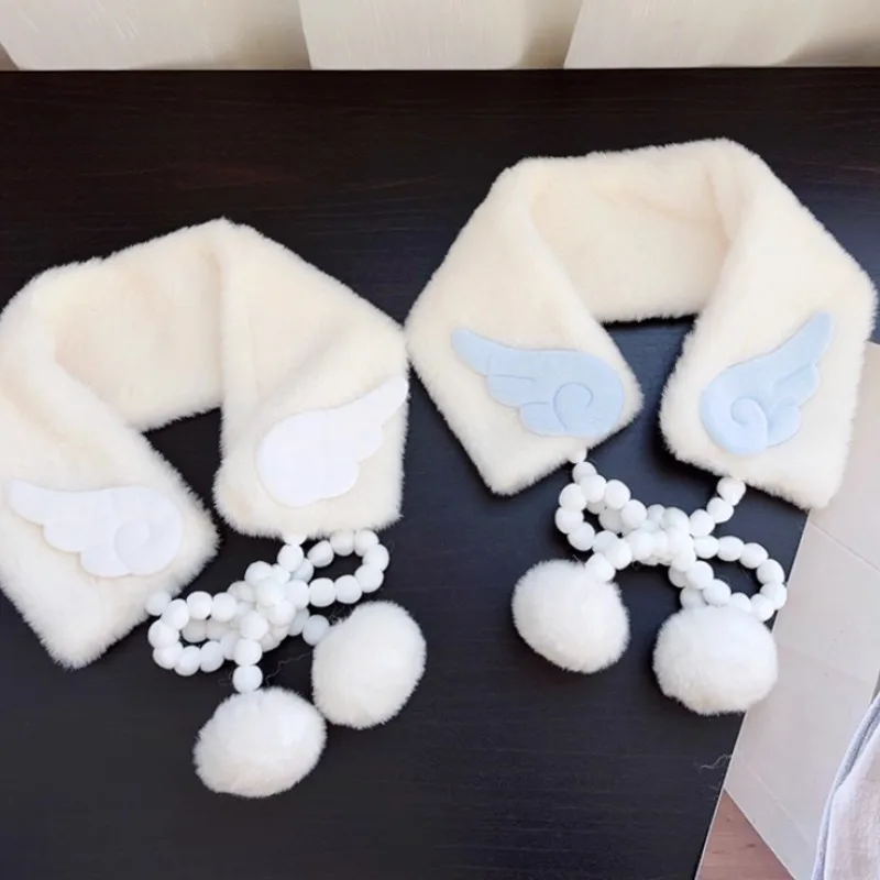 Y2k أجنحة الملاك وشاح قطيفة للنساء الخريف والشتاء السفر الدافئة تنوعا لطيف بوم بوم حزام غطاء للأذنين متعددة الوظائف #6