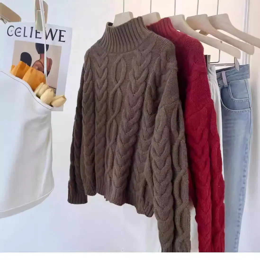 레트로 터틀넥 여성 솔리드 컬러 스웨터 여성 루즈 캐주얼 통근 가을, 겨울 캐주얼 두꺼운 스웨터베이스