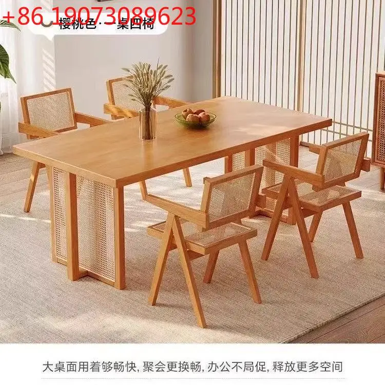 

Японский обеденный стол из массива дерева для дома, небольшой квартиры, с элементами ротанга, простой прямоугольный стол для гостевого дома, в скандинавском стиле.