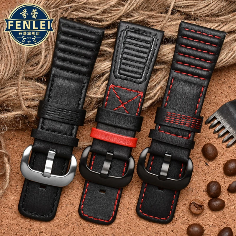 Genuine Leather Watch Strap For Seven Friday Watch band M2/Q201/02/03 P1 Men\'s Cowhide Bracelet Accessories Black Red Line 28mm