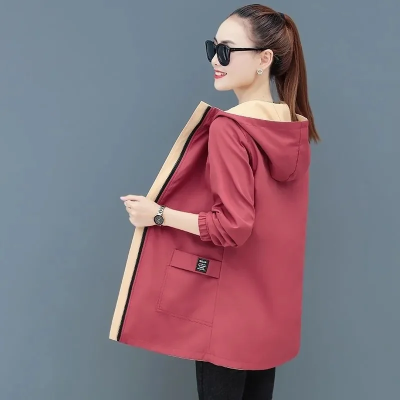 Spring Autumn Women\'s Jacket Loose Coat Double-sided Wear Trench Coat Mid-length Windbreaker 2023 New Female Loose Outwear 5XL