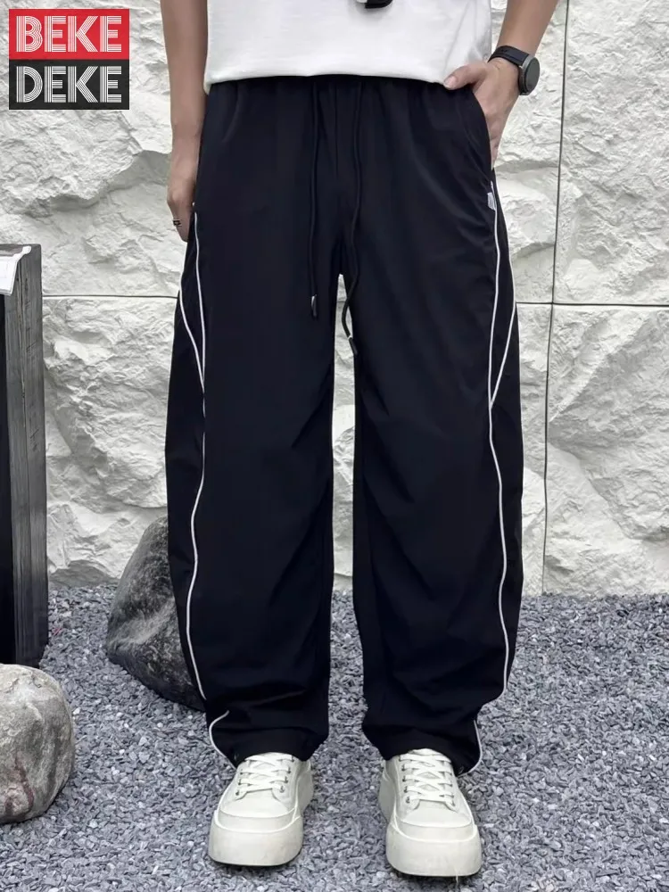 

Men Summer Cool Quick Drying Casual Pants Straight-Leg Elastic Waist Loose Fit Full Length Pant Pocket Fashion Youthful Trousers