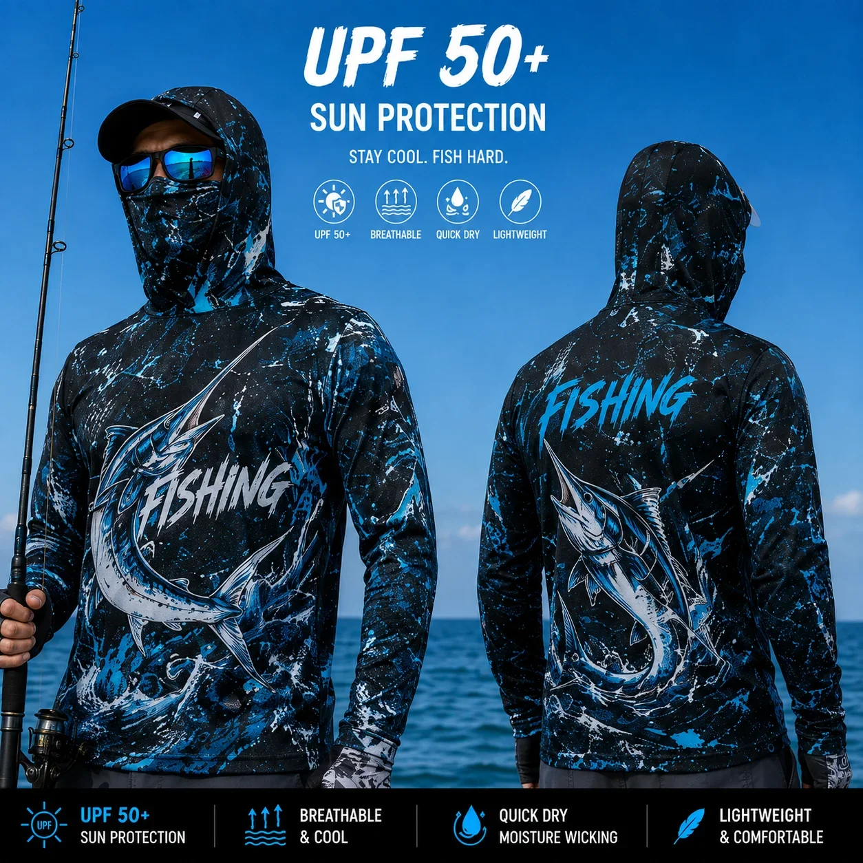 Herren-Angelhoodie mit UPF50+ Sonnenschutz, Maskenmuster, langärmelig, schnelltrocknend, atmungsaktiv, leicht, für das Angeln auf hoher See. – Detail 14