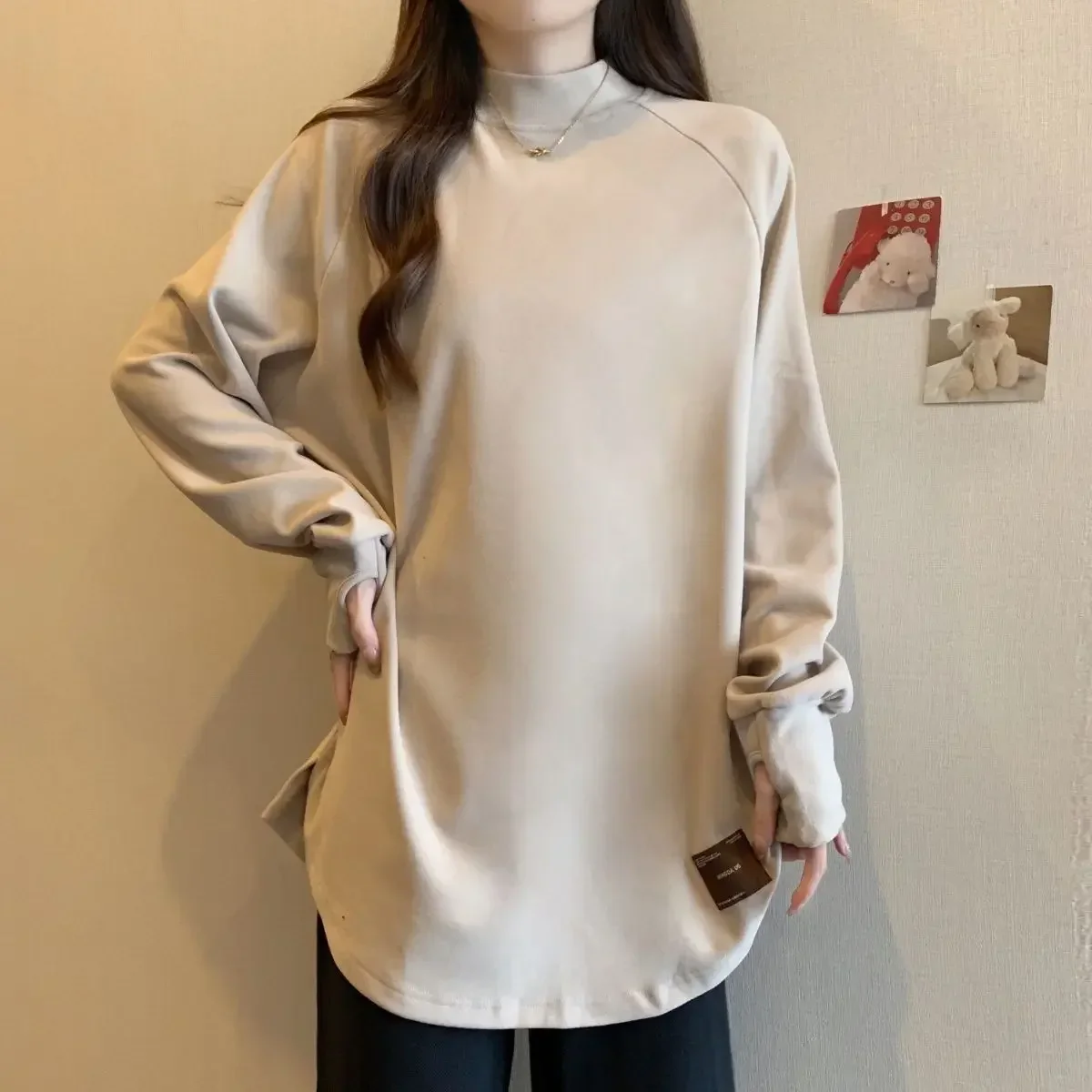 

Loose Slimming Warm Long Sleeve Top for Autumn And Winter Plus Size Thickened Velvet Half High Collar Women's Base Shirt