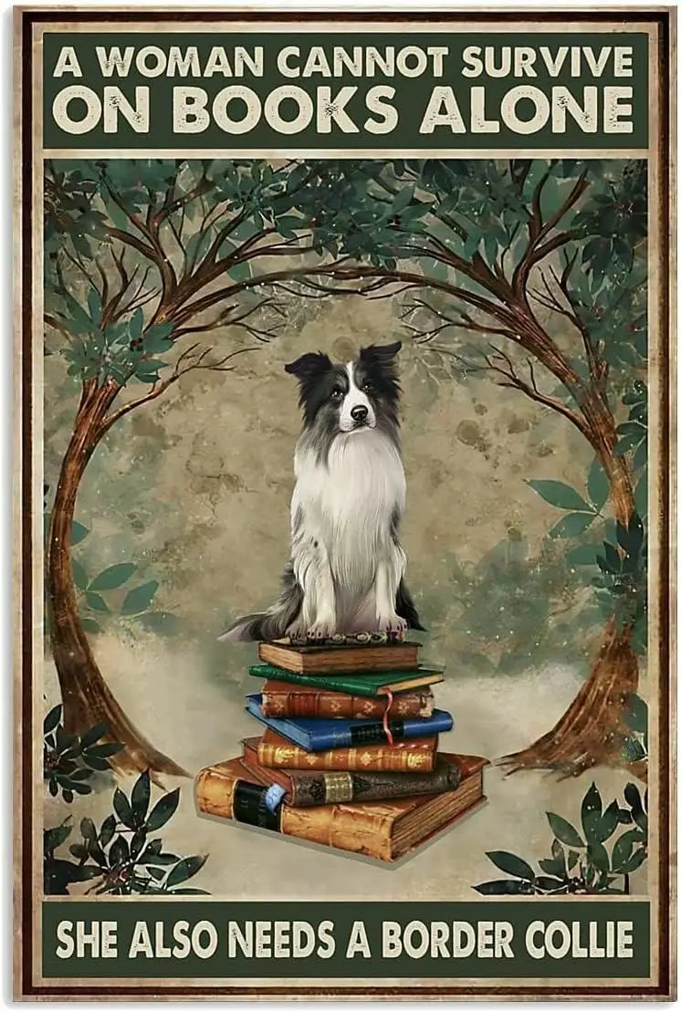 Vintage Wall Decor Metal Poster Plaque Woman Love Border Collie Dog and Book Iron Painting Wall Decor Poster Wall Art Nostalgic