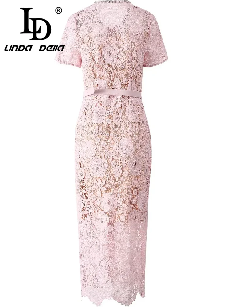 LD LINDA DELLA Women's Chic Lace Hollow Out Summer Dress  Single-Breasted Beading Pretty Slim New Fashion Long Dresses