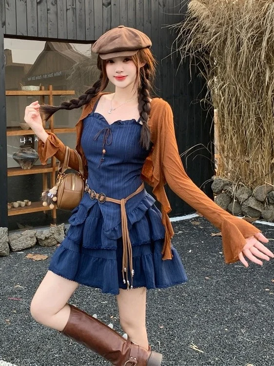 

plus Size Pure Desire Style Set Early Autumn New Design Sensation Lace Trim Open Cardigan Waist Cinching Strap Dress